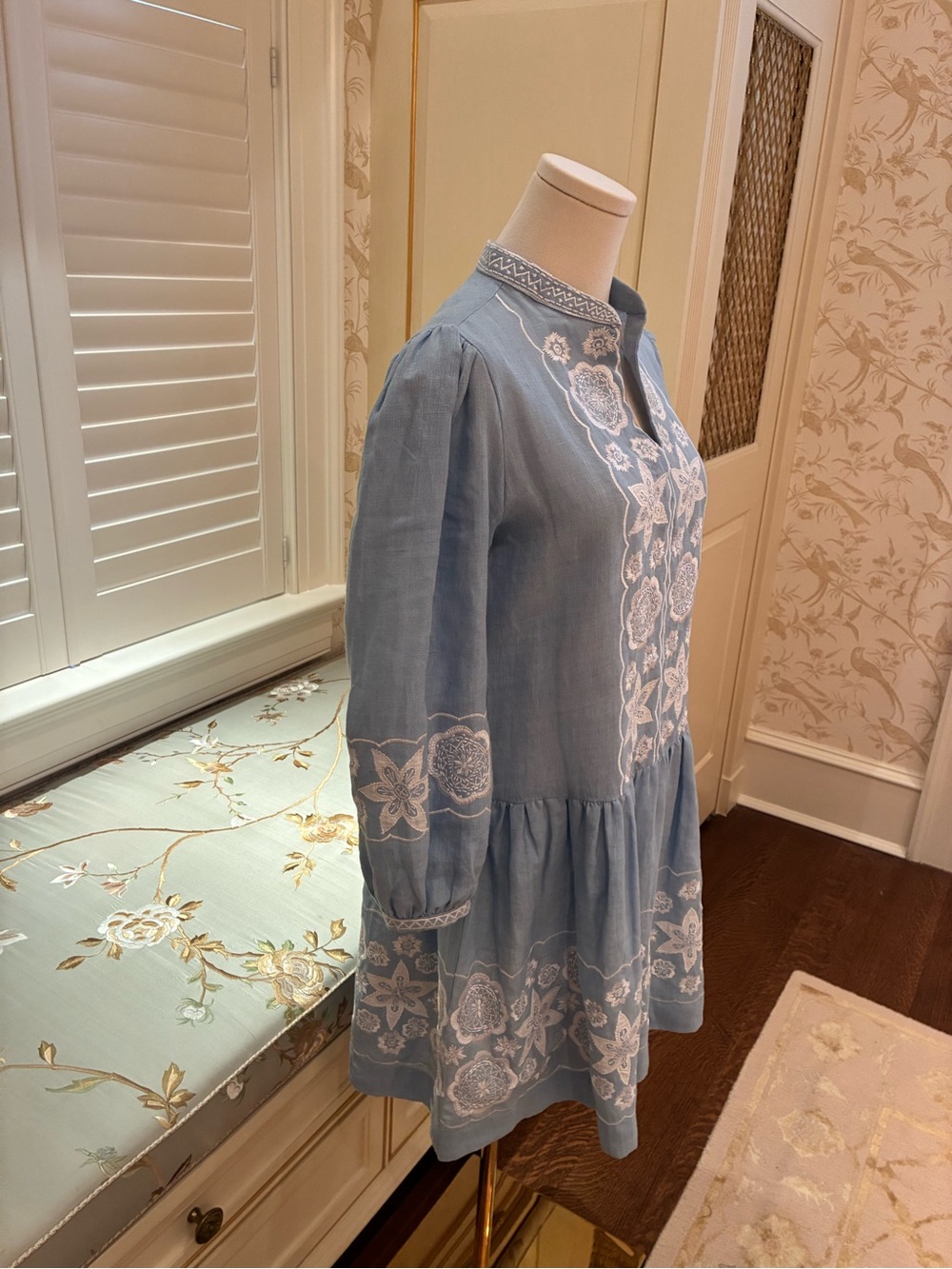 ASHA by Ashley McCormick Light Blue Embroidered Mini Dress w/ White Floral Trim - Picture 8 of 9